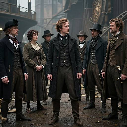 Photograph of Victorian-era group in dark, formal attire standing in an industrial, foggy alley with clock tower in background.