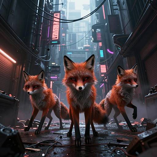 Digital art: Three red foxes with intense eyes stand in a neon-lit, cyberpunk alley with glowing signs and wires.