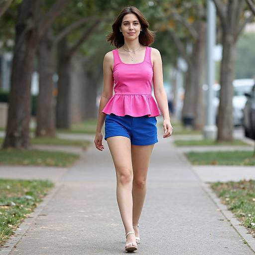 Photograph of a young woman with medium-length brown hair, wearing a pink tank top with a ruffle, blue shorts, and white sandals, walking