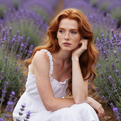 Photograph of a freckled, red-haired woman with long wavy hair, wearing a white sundress, sitting in a lavender field. She