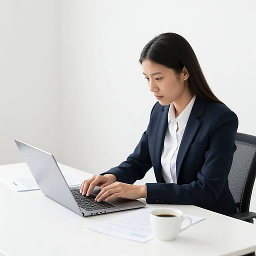 Photograph of an Asian woman with long black hair, wearing a black suit and white shirt, focused on a laptop, sitting at a white desk with
