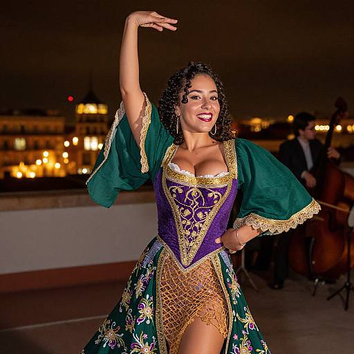 Photograph of a smiling woman with curly hair, wearing a detailed green and purple Renaissance-style gown, dancing on a rooftop at night with city lights in
