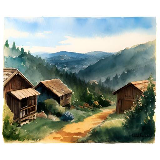Watercolor Hillside Rooftops Study