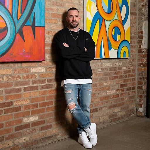 Photograph of a bearded man with short hair, wearing a black sweatshirt, ripped jeans, and white sneakers, leaning against a brick wall with