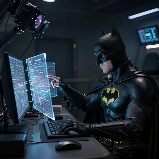 Photorealistic CGI of Batman in black suit with yellow bat emblem, focused on computer screens in dimly lit high-tech room.