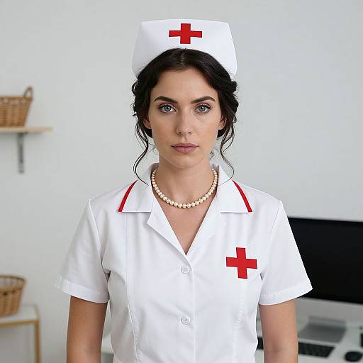 Photograph of a serious-looking woman with dark hair in a white nurse uniform, red cross hat, pearl necklace, standing in a bright room with shelves