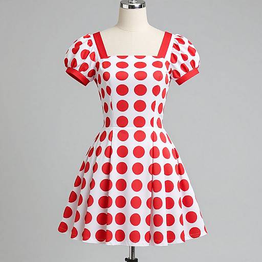 Photograph of a white dress with red polka dots, short sleeves, and red trims, displayed on a mannequin against a plain light
