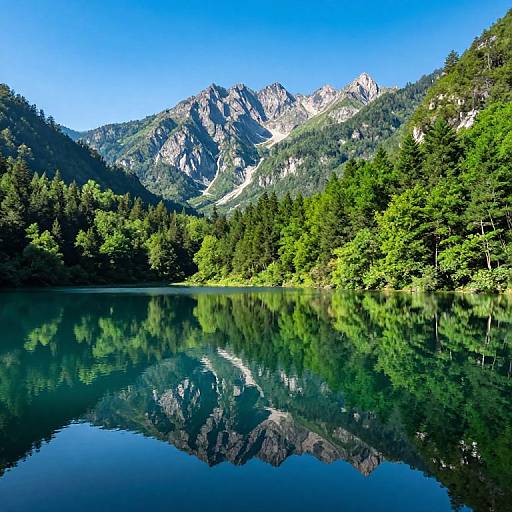 Photograph of a serene mountain lake with crystal-clear reflections, surrounded by lush green trees and rocky peaks under a vivid blue sky.
