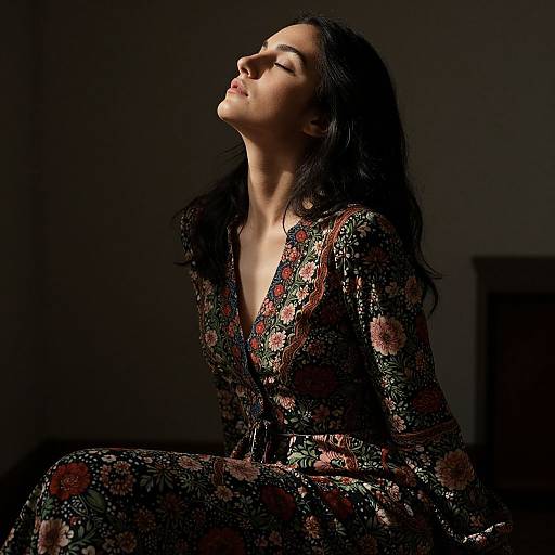 Photograph of a dark-haired woman with closed eyes, wearing a floral-patterned dress, sitting in dim light, head tilted back.