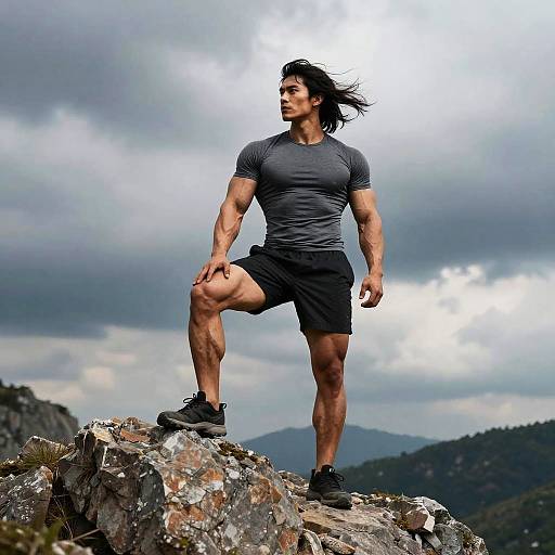 Heroic Muscular Man on Mountain Peak