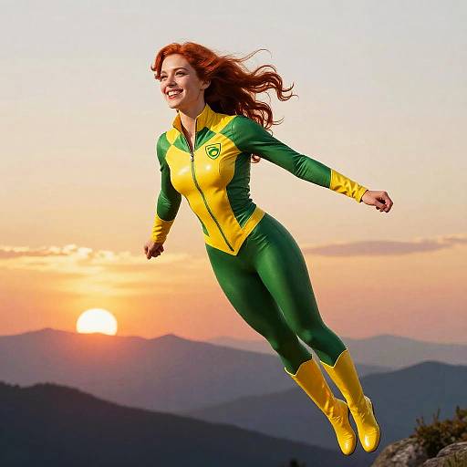 Cheerful Red-Haired Superhero Flying