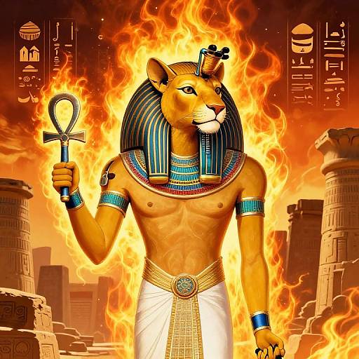Digital artwork of a muscular anthropomorphic lion with an Egyptian pharaoh's head, holding an ankh, engulfed in fiery flames, standing in an