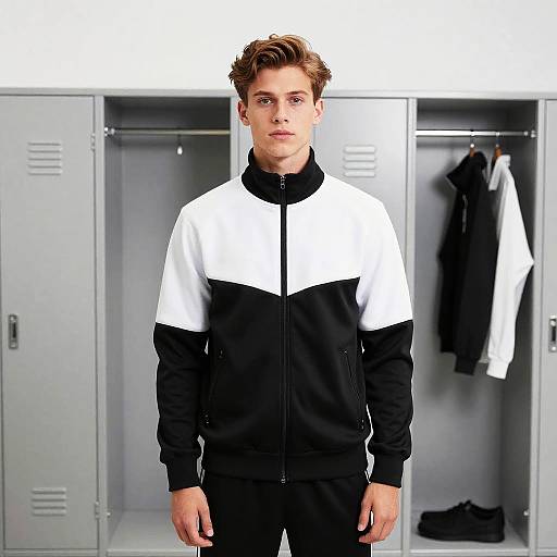 Photograph of a young man with light brown hair, wearing a black and white track jacket, standing in front of gray lockers.