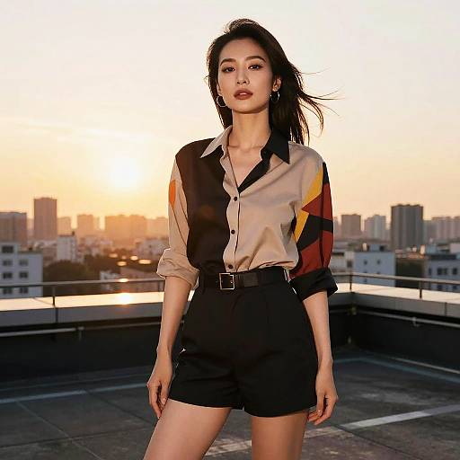 Photograph of an Asian woman with long black hair, wearing a beige and black patterned blouse with red and orange accents, and black high-wa