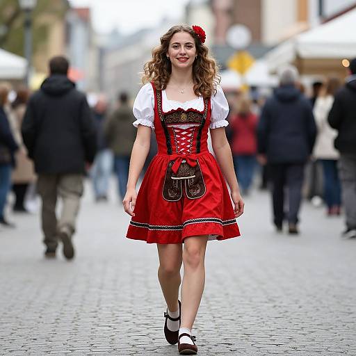 Photograph of a curly-haired young woman in a red Bavarian-style dress with white blouse, black lace, and red flower, walking on a cob