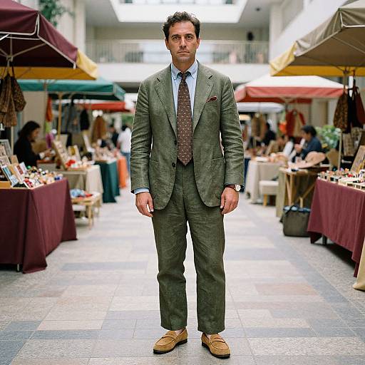 Photograph of a middle-aged man with curly dark hair, olive skin, wearing a green suit, brown tie, and tan shoes, standing in a