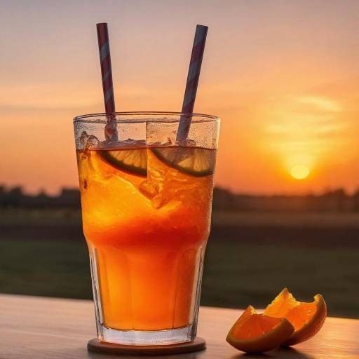 Iced orange drink with lime slices at sunset