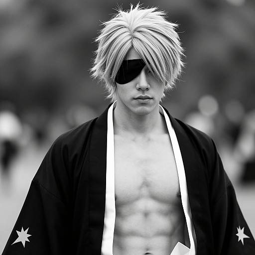 Black-and-white photo of a shirtless, muscular man with spiky, platinum blonde hair, black eye patch, and dark robe with white star accents