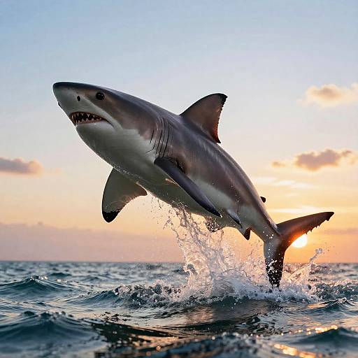 Photograph of a large, grey shark leaping out of the ocean, splashing water, with a colorful sunset sky in the background.