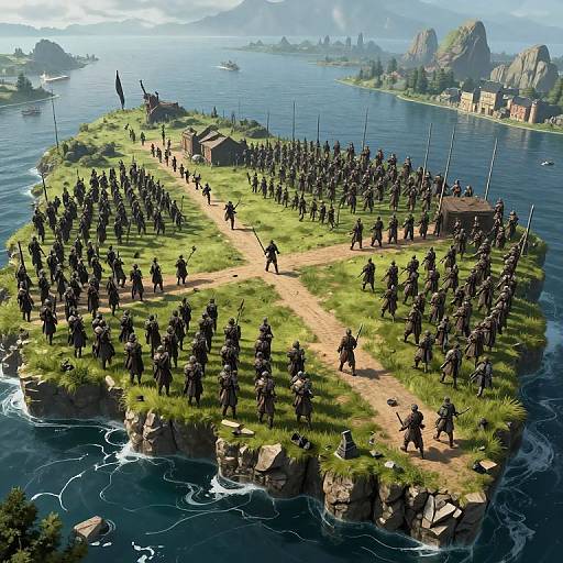 Aerial CGI of a large island with a grassy, dirt-path formation, filled with uniformed soldiers, overlooking a blue ocean and distant mountains.