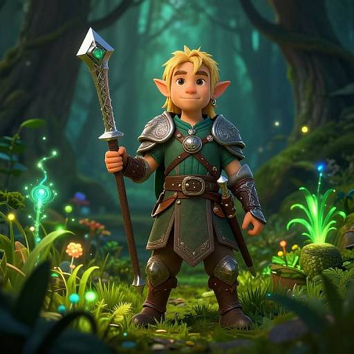 CGI fantasy scene of a young, blonde, elven warrior with pointed ears, wearing green armor and holding a glowing, ornate staff, standing