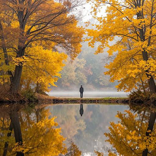 Photograph of a solitary figure in a black jacket walking on a misty, reflective path flanked by vibrant autumn trees with golden-yellow leaves, mirrored
