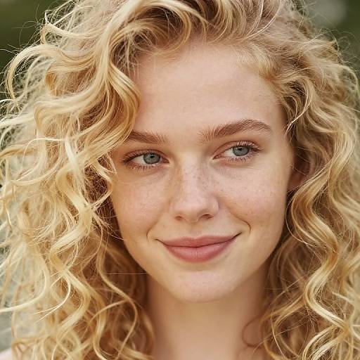 Close-up photograph of a young woman with curly blonde hair, fair skin, blue eyes, and light freckles, smiling gently.