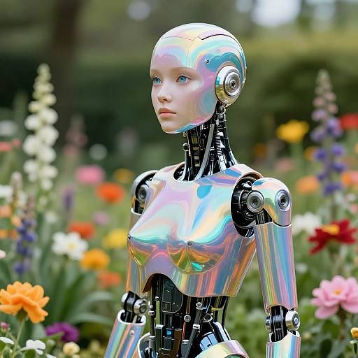 Photorealistic CGI of a shiny, silver metallic female robot with blue eyes, standing in a vibrant, colorful garden filled with blooming flowers.