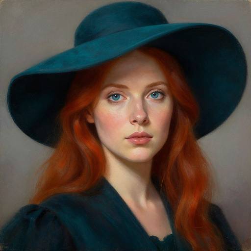 Digital painting of a fair-skinned, red-haired woman with blue eyes, wearing a large black hat and black blouse, set against a neutral background.