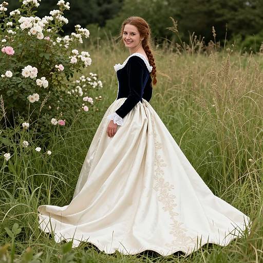 Photograph of a smiling woman with long auburn hair in a black long-sleeve top and white satin ball gown, standing in a grass