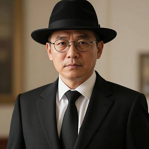Photograph of an Asian man with glasses, black suit, white shirt, black tie, and black bowler hat, standing in a warmly lit room