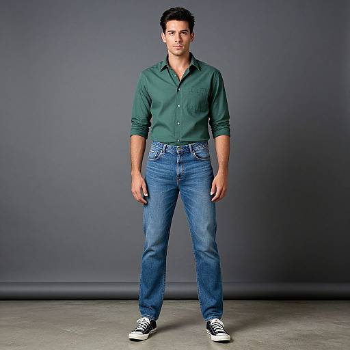 Photograph of a young man with short dark hair, wearing a green button-up shirt, blue jeans, and black sneakers, standing against a plain gray