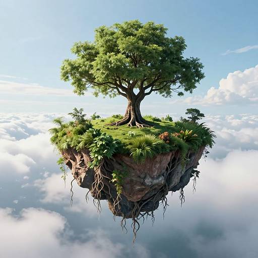 Digital illustration of a lush, floating island with a large tree, surrounded by grass and roots hanging down, set against a bright blue sky with fluffy white