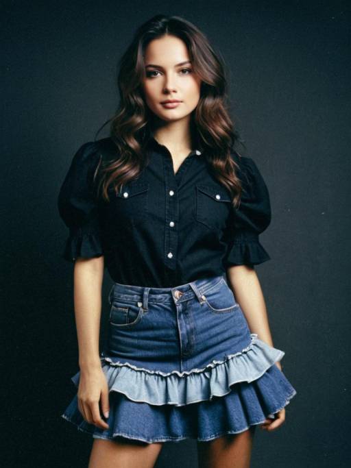 Woman in Black Ruffle Shirt and Denim Skirt