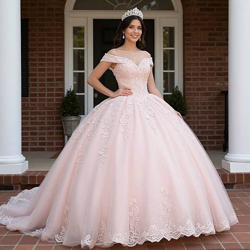 Photograph of a smiling bride in an off-the-shoulder, light pink lace wedding gown with a voluminous skirt, standing on a brick porch