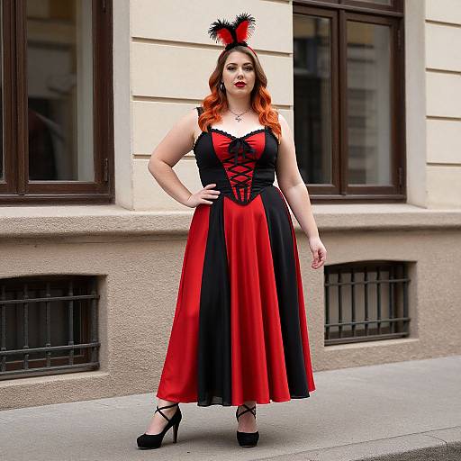 Photograph of a curvy woman with fair skin, red-orange hair, and red lips, wearing a black and red lace-up dress, black high