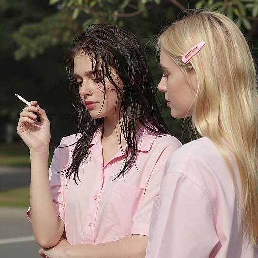 Pink-Clad Women in Serene Outdoors