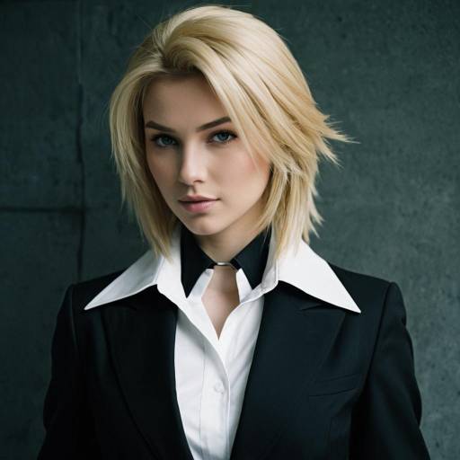 Blonde Woman in Black Suit with White Collar Shirt