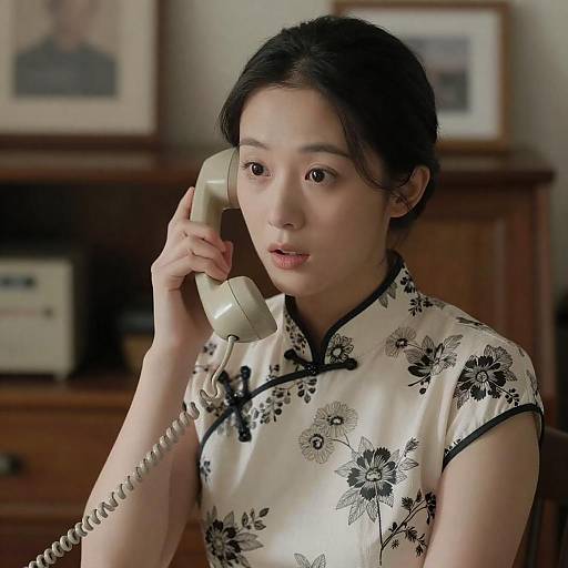 Surprised Asian Woman with Vintage Phone