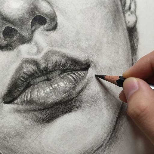 Photograph of detailed pencil sketch of a woman's lips, with a hand holding a sharpened pencil adding shading. Close-up.