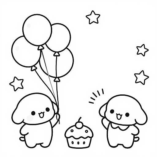 Black-and-white line drawing of two cute, round-faced mushroom characters with small arms, one holding three balloons and the other with stars, next to a