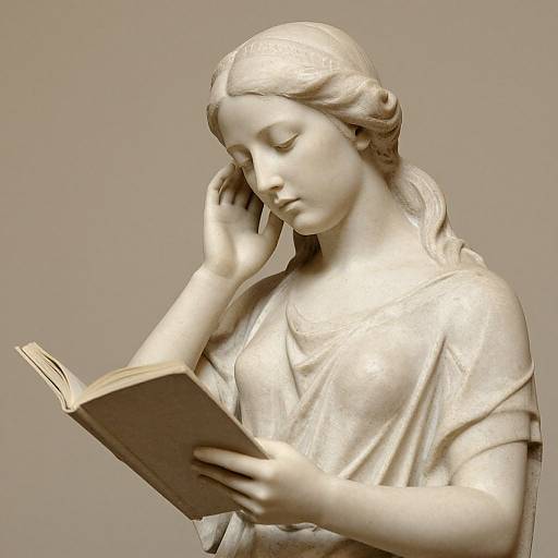 Photograph of a classical white marble statue of a young woman with closed eyes, long hair, and a dress, reading a book, holding her ear