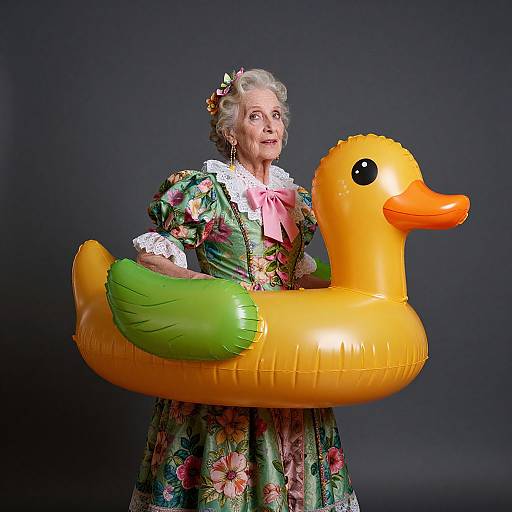 Elderly woman with gray hair, floral dress, lace collar, holding bright orange inflatable duck against dark background. Photographic image.
