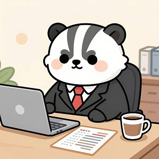 Cartoon panda in black suit and red tie working on a laptop, with a coffee cup and papers on a desk.