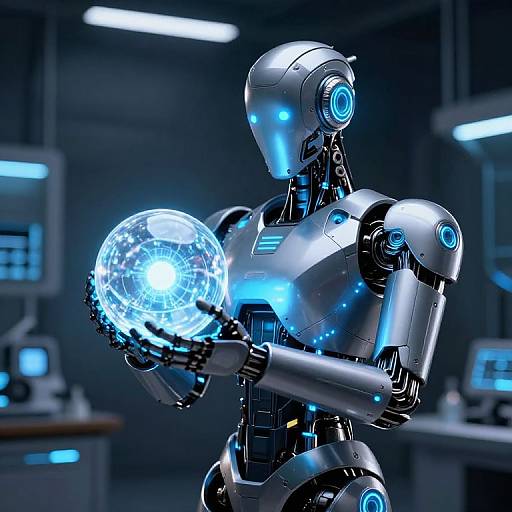 Photorealistic CGI of a futuristic silver robot holding a glowing blue orb in a dark, high-tech laboratory.