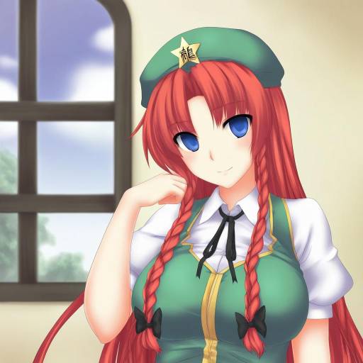 Anime Girl with Red Hair and Blue Eyes Indoors