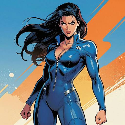 Fierce Woman in Blue Comic Book Outfit
