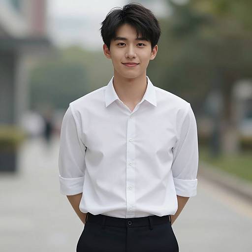 Photograph of a young Asian man with short black hair, wearing a white button-up shirt and black pants, standing outdoors on a blurred urban pathway.
