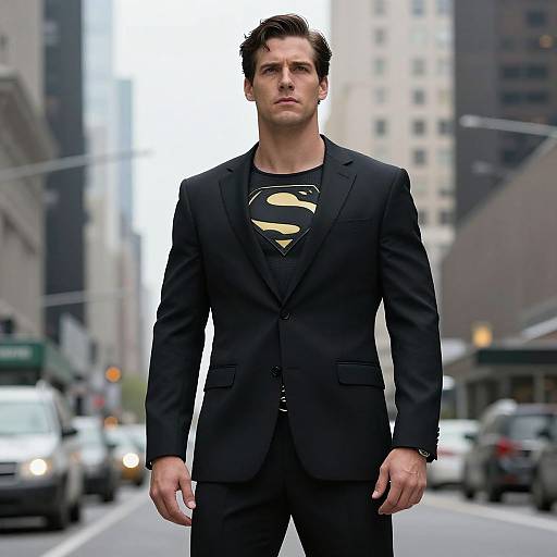 Photograph of a handsome, serious-looking man in a black suit with a Superman logo, standing on a busy city street.