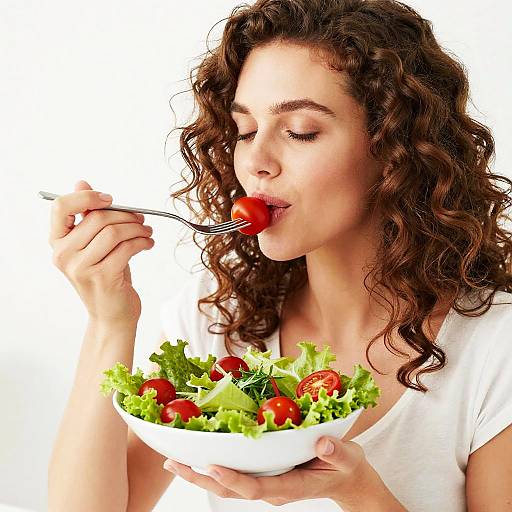 Photograph of a curly-haired woman in a white shirt, eating cherry tomatoes from a white bowl of salad with closed eyes.